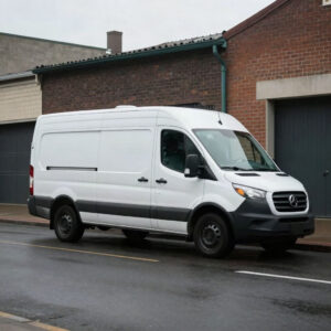 Unmarked white delivery van on an Oakland street by the Bay Bridge, typical of an Amazon delivery accident claim